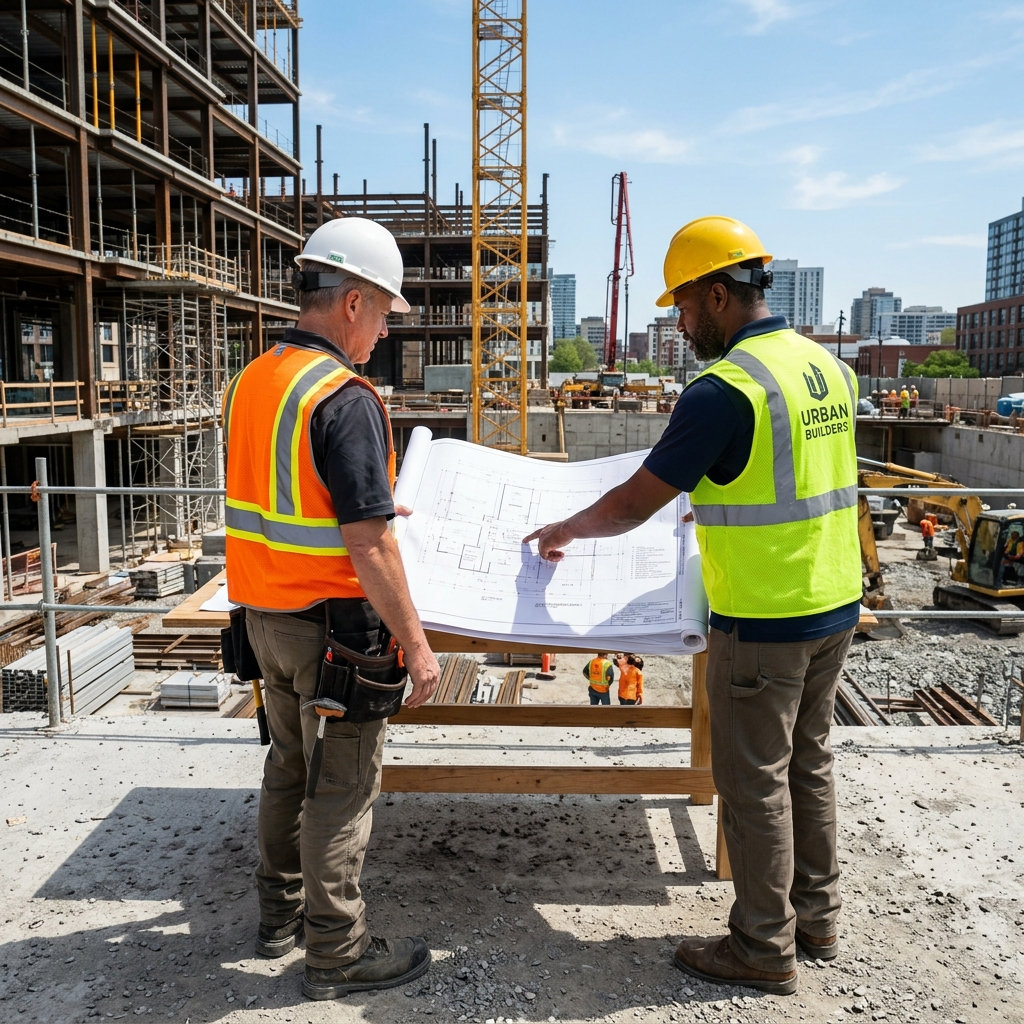 Engineers discussing construction blueprints on site