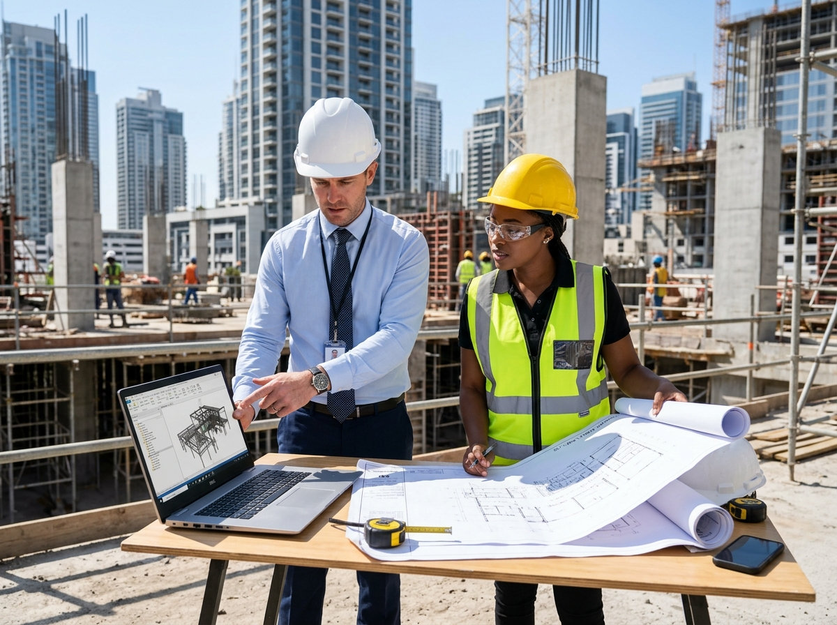 Civil engineers and architects reviewing project progress on site